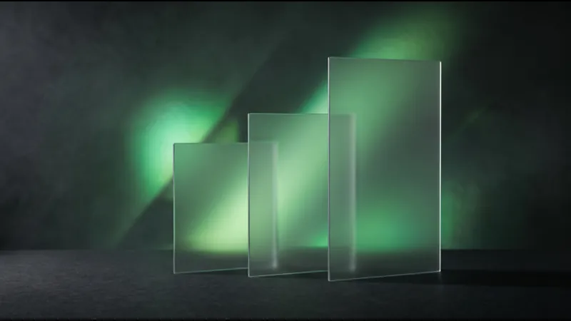 Trois panneaux de verre translucides de hauteurs croissantes, éclairés en vert