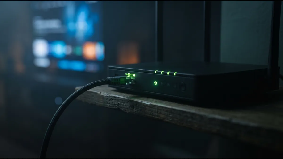 Routeur internet avec voyants verts allumés et câble ethernet branché