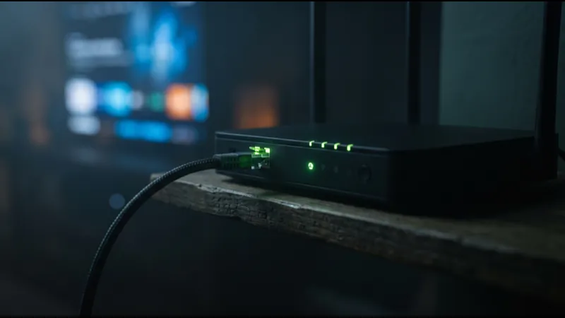 Routeur internet avec voyants verts allumés et câble ethernet branché