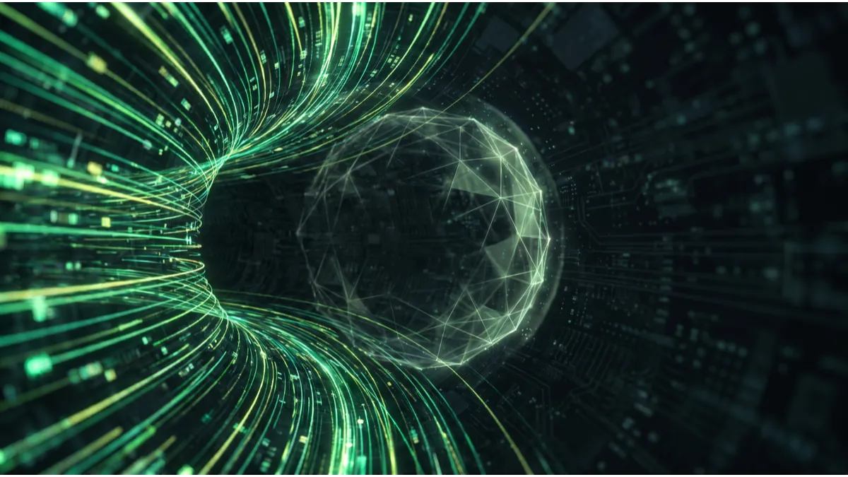 Tunnel de lumière verte évoquant une connexion chiffrée