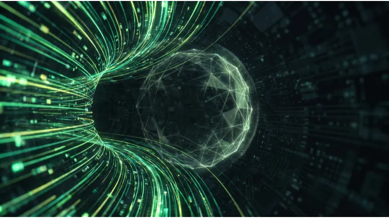 Tunnel de lumière verte évoquant une connexion chiffrée